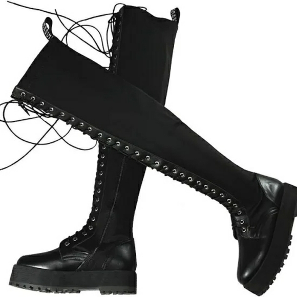 🔥Over Knee Lace-Up Zipped Black Platform Stretchy Socks Boots - Picture 3 of 10